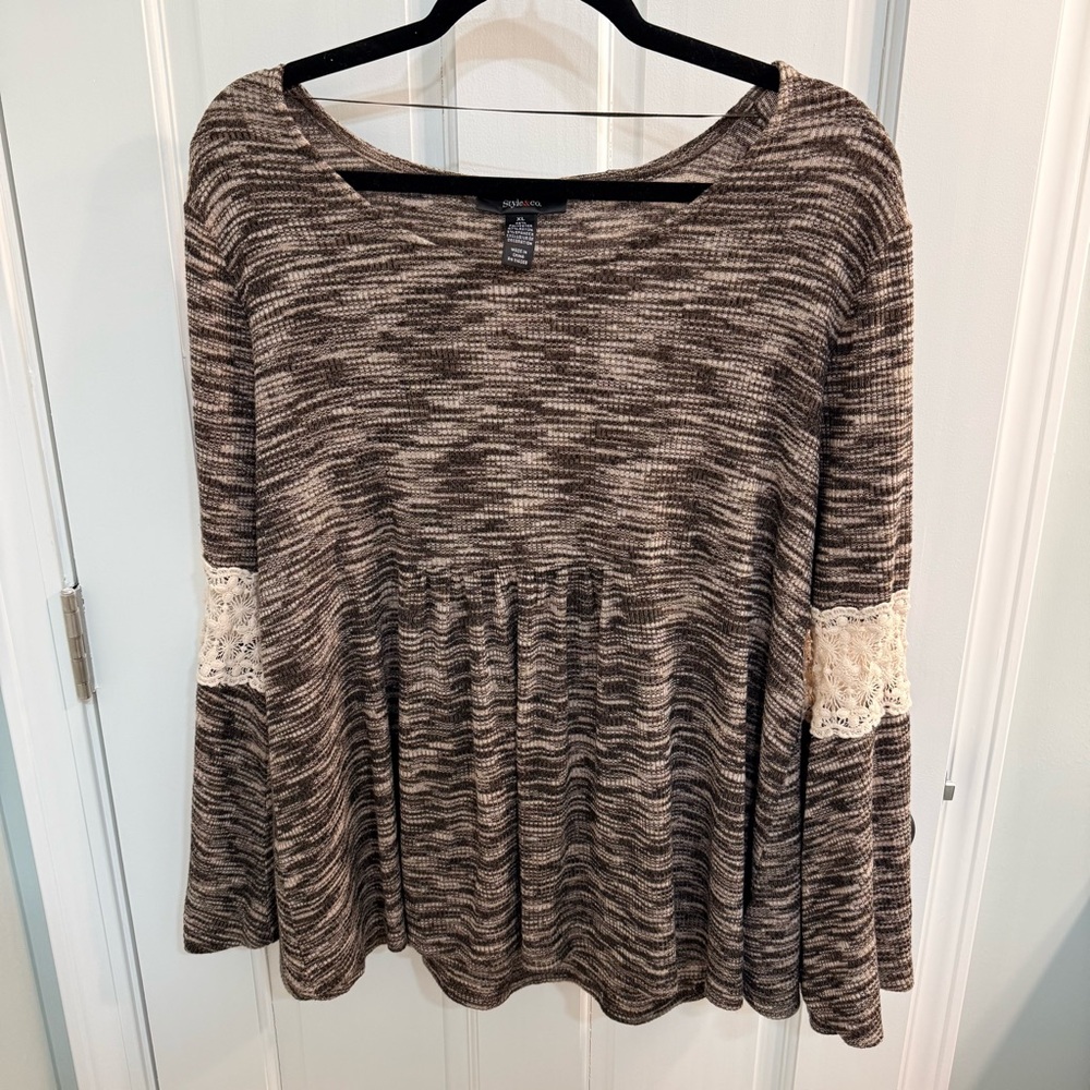 Style & Co Brown and Cream Top with Lace Accents